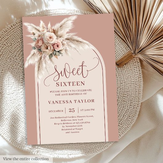 Invitation Conte de fées Boho Arche Dusty Rose Pampas Floral