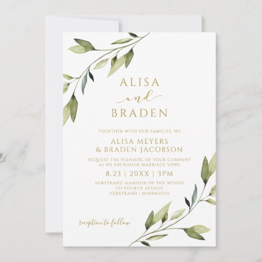 Invitation Conte de fées de mariage verdure or aquarelle vign (Devant)