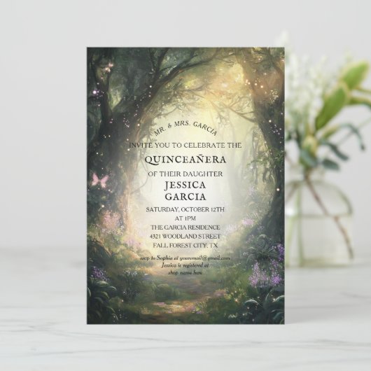 Invitation Conte de fées d'été Forêt enchantée Quinceañera (Debout devant)