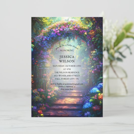 Invitation Conte fée d'été Baby shower forestier enchanté (Debout devant)