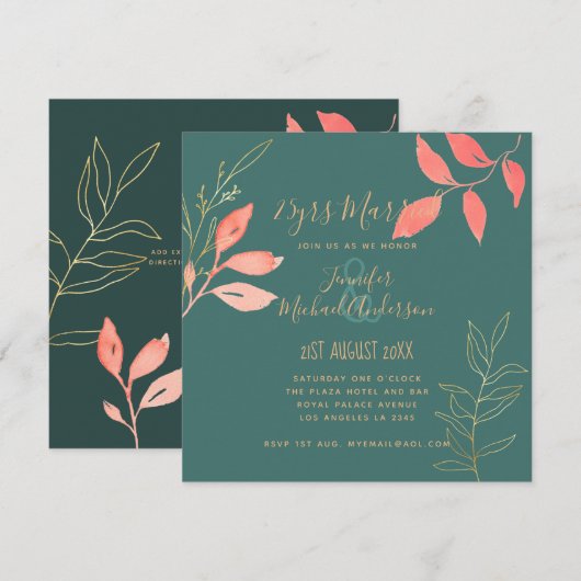 Invitation Contemporain ANNIVERSAIRE DE MARIAGE Corail Turquo (Devant / Derrière)
