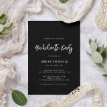 Invitation Contemporain moderne noir Bachelorette<br><div class="desc">Invitation à la fête de Bachelorette : célébrez vos dernières journées en tant que femme célibataire avec vos meilleurs amis et votre famille. Recevez une invitation moderne pour organiser une fête de mariée mémorable. Une typographie audacieuse et tendance pour votre papeterie mariage, simple mais élégante avec un thème noir et...</div>