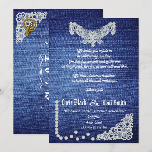 Invitation contemporaine Denim, Pearls & Lace Wedd (Devant / Derrière)