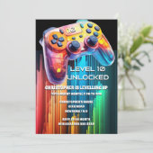 Invitation Contrôleur de jeu neon orange bleu vidéo party enf (Debout devant)