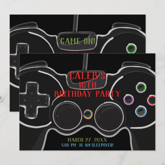 Invitation Contrôleur de jeu vidéo noir pour fête d'anniversa (Devant / Derrière)