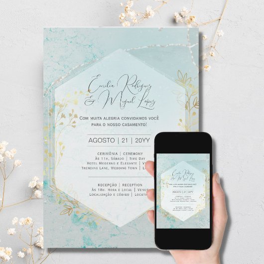 Invitation Convite Casamento Ouro Azul Turquesa portugais