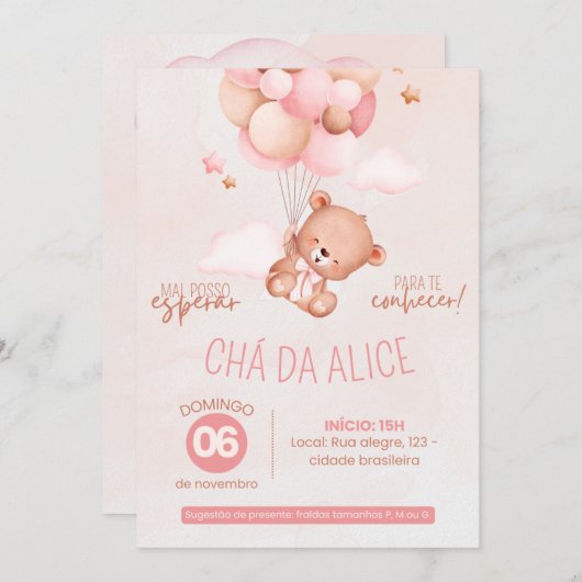 Invitation Convite Chá de Bebê da Ursinha Alice (Devant / Derrière)