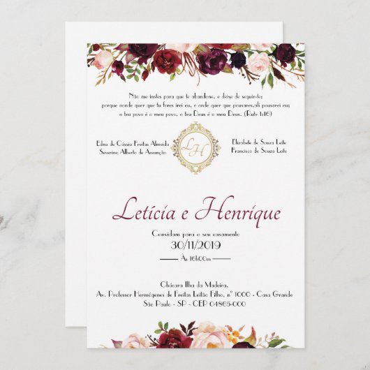 Invitation Convite para Casamento - Marsala | Frente (Devant / Derrière)