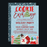 Invitation Cookie Exchange Red Blue Corporate Holiday<br><div class="desc">Cette invitation à la fête d'entreprise à thème, mignonne et amusante, est parfaite pour créer l'ambiance festive de votre événement saisonnier. Il représente des biscuits de Noël dessinés à la main en rouge, blanc, vert, noir et bleu, à côté d'une citation de typographie, "Cookie Exchange", sur le dessus d'un arrière...</div>