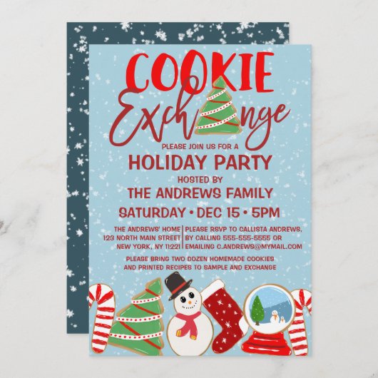 Invitation Cookie Exchange Red Blue Illustrations Holiday (Devant / Derrière)