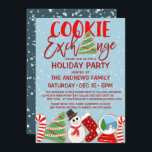 Invitation Cookie Exchange Red Blue Illustrations Holiday<br><div class="desc">Cette invitation à fêtes à thème, mignonne et amusante, est parfaite pour créer l'ambiance festive de votre événement saisonnier. Il représente des biscuits de Noël dessinés à la main en rouge, blanc, vert, noir et bleu, à côté d'une citation de typographie, "Cookie Exchange", sur le dessus d'un arrière - plan...</div>