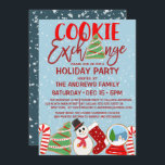 Invitation Cookie Exchange Red Blue Illustrations Holiday<br><div class="desc">Cette invitation à fêtes à thème, mignonne et amusante, est parfaite pour créer l'ambiance festive de votre événement saisonnier. Il représente des biscuits de Noël dessinés à la main en rouge, blanc, vert, noir et bleu, à côté d'une citation de typographie, "Cookie Exchange", sur le dessus d'un arrière - plan...</div>