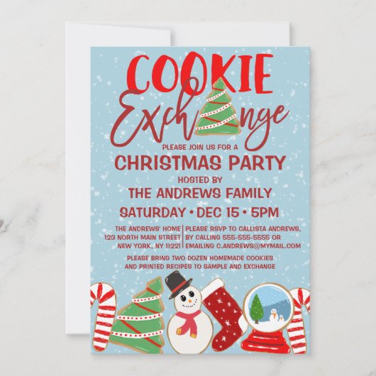 Invitation Cookie Exchange Red Blue Illustrations Noël (Devant)