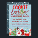 Invitation Cookie Exchange Red Blue Illustrations Noël<br><div class="desc">Cette invitation à la fête de Noël à thème, mignonne et amusante, est parfaite pour créer l'ambiance festive de votre événement saisonnier. Il représente des biscuits de Noël dessinés à la main en rouge, blanc, vert, noir et bleu, à côté d'une citation de typographie, "Cookie Exchange", sur le dessus d'un...</div>