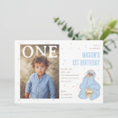Invitation Cookie Monster Blue Confetti First Birthday (Debout devant)