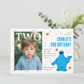 Invitation Cookie Monster Blue Confetti Second Birthday (Debout devant)