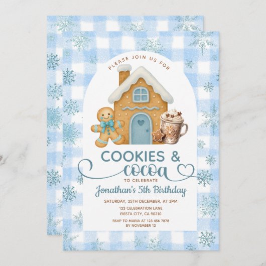 Invitation Cookies & Cocoa Birthday Blue Snowflakes Gingham (Devant / Derrière)
