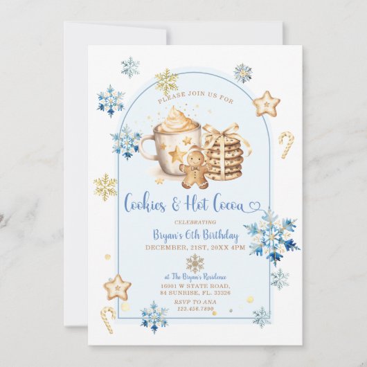 Invitation Cookies et cacao chaud Blue Snowflakes 6e annivers (Devant)