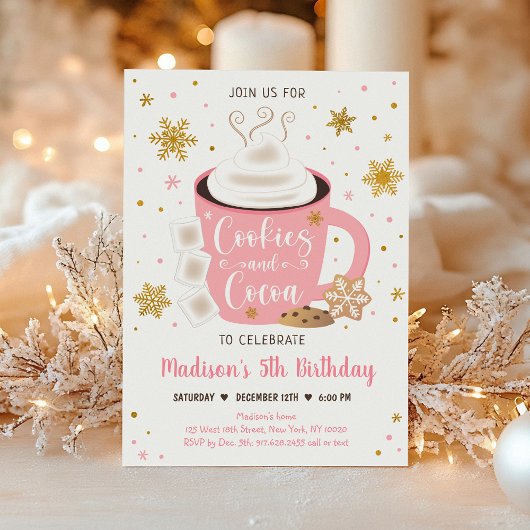Invitation Cookies et cacao Pink Gold Winter Anniversaire