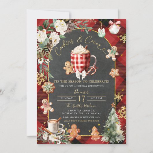 Invitation Cookies Hot Coca Plaid Red Black Christmas Party (Devant)