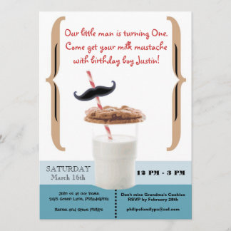 Invitation Cookies & Milk Mustache for First Birthday Boy
