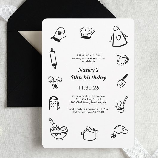 Invitation Cooking Birthday Party Hand Drawn Chef Minimalist 