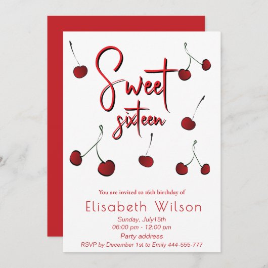 Invitation Cool à main dessinée whimsy joueuse cerise douce 1 (Devant / Derrière)