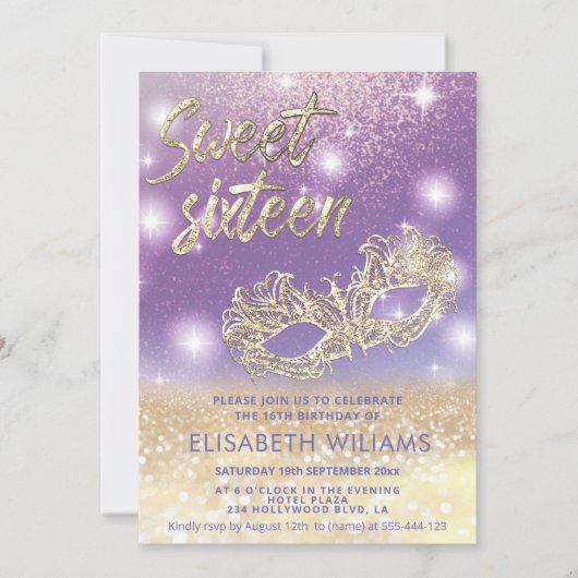 Invitation Cool Adorable Masquerade chic lilas or glittery (Devant)