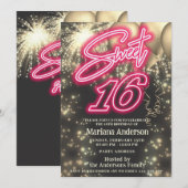 Invitation Cool amusant ballon rose or scintille feux d'artif (Devant / Derrière)