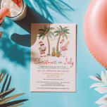 Invitation Cool amusant Tropical Père Noël Flamant rose Noël<br><div class="desc">Un Noël ne suffit pas ? Cette invitation ludique "Noël en juillet" présente une Père Noël dans les tons et un flamant rocailleux sur une planche de surf, le tout sous des palmiers ensoleillés et des lampadaires de plage. Parfait pour les fêtes de jardin piscine, les barbecues sur la plage...</div>