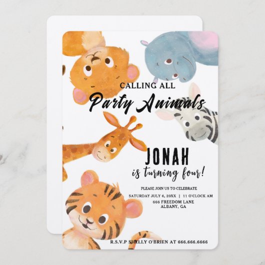 Invitation Cool appelant tous les animaux de parti Anniversai (Devant / Derrière)