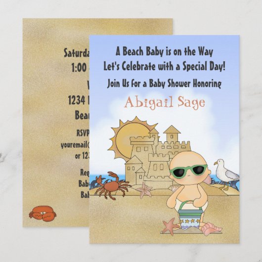 Invitation Cool Beach Baby et Sandcastle Baby shower neutre (Devant / Derrière)