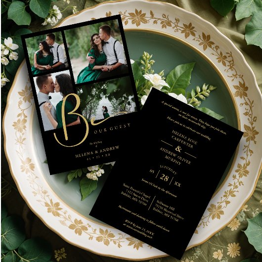 Invitation Cool Black Trendy 4 Multi Photos Collage Wedding