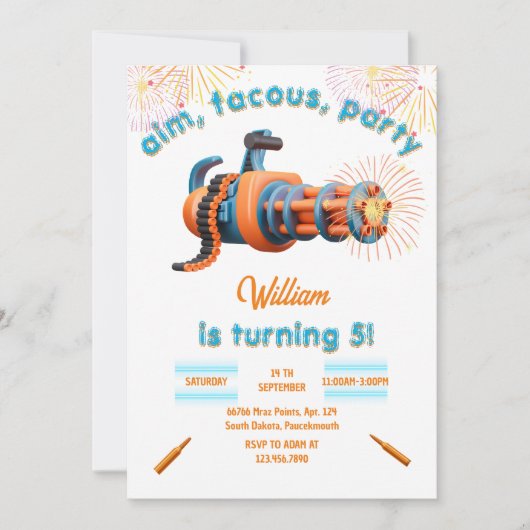 Invitation Cool blanc Nerf Wars Party Top Gun 5e anniversaire (Devant)