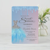 Invitation Cool Bleu Parties scintillant , Robe Bleue Douce 1 (Debout devant)