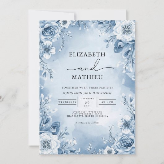 Invitation Cool Blue Floral Mariage (Devant)