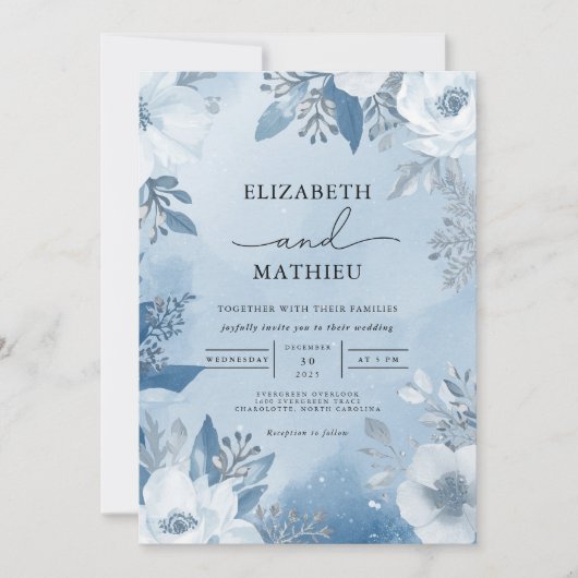 Invitation Cool Blue Frost Floral Winter Wedding (Devant)