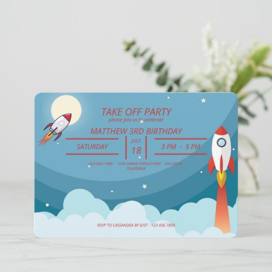 Invitation Cool Blue Red Space Navire Décollage Anniversaire (Debout devant)