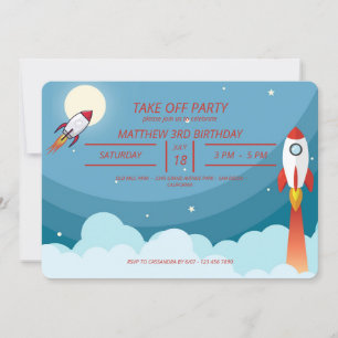 Invitation Cool Blue Red Space Navire Décollage Anniversaire