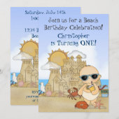 Invitation Cool Boy Beach Baby and Sandcastle 1er anniversair (Devant / Derrière)