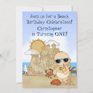 Invitation Cool Boy Beach Baby and Sandcastle 1er anniversair
