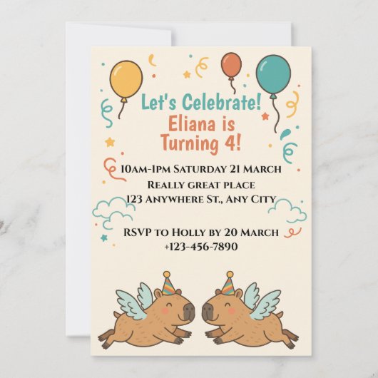 Invitation cool Capybara pour les garçons et les filles heure (Dos)