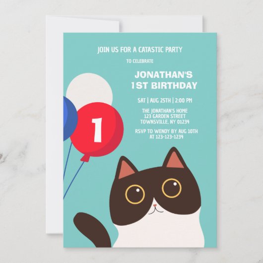 Invitation Cool Cat Catastic Party Balloon Anniversaire de en (Devant)