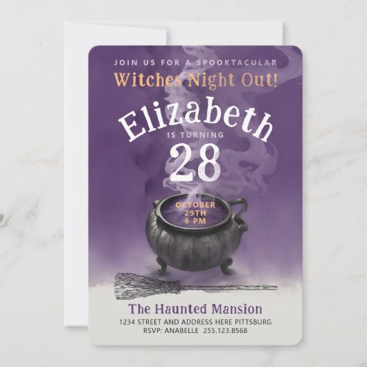 Invitation Cool Cauldron Purple Magic sorcière fête d'anniver (Devant)