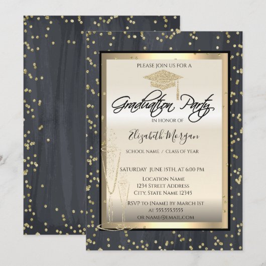 Invitation Cool Chic Graduation Cap, Diamants de verre Gradua (Devant / Derrière)