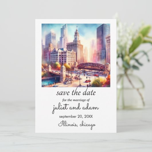 Invitation Cool chicago mariage skyline enregistrer la date (Debout devant)