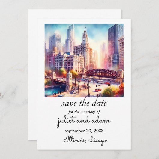 Invitation Cool chicago mariage skyline enregistrer la date (Devant / Derrière)