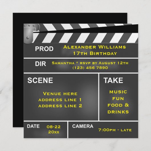 Invitation Cool Clapper Board 17e anniversaire (Devant / Derrière)