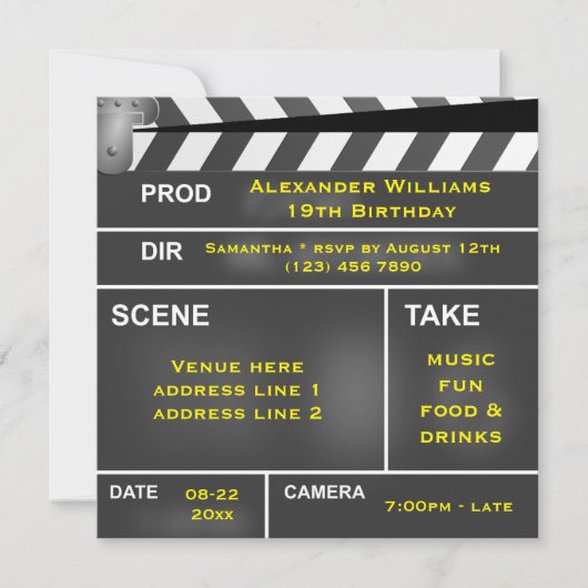 Invitation Cool Clapper Board 19e anniversaire (Devant)