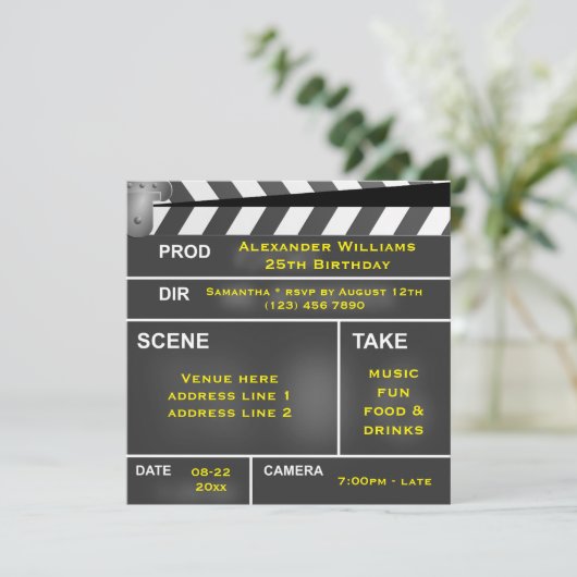 Invitation Cool Clapper Board 25e anniversaire (Debout devant)